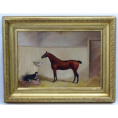 360 - T Benson c1890 Equine School, Oil on canvas, a pair, Portrait of a bay hunter horse in a stable with... 