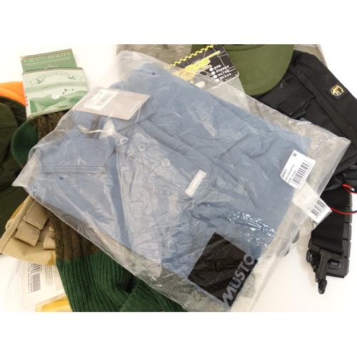 363 - A quantity of sporting/outdoor clothing and equipment, comprising 2 Laksen duck shooting hats size M... 