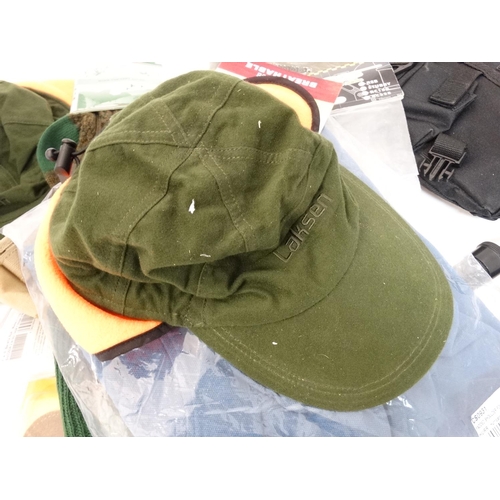 363 - A quantity of sporting/outdoor clothing and equipment, comprising 2 Laksen duck shooting hats size M... 