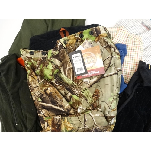 368 - A quantity of sporting / outdoor clothing, comprising a pair of waterproof Laksen camouflage deer tr... 