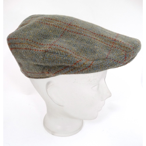 384 - Country clothing : A tweed flat cap by Marlin , green plaid overall with lean sky blue , rust and sc... 