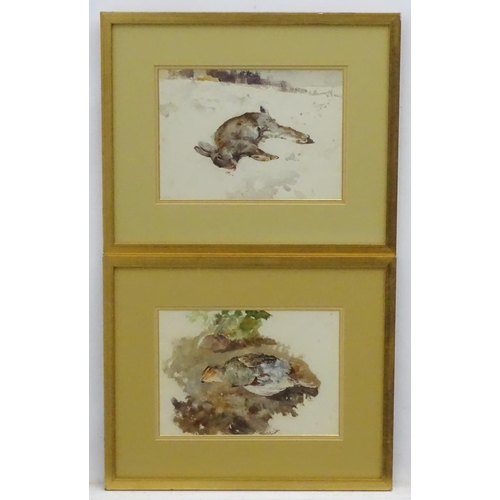 392 - Shooting: Whiteley XIX-XX,  Watercolour, a pair, English Partridge & Rabbit in the snow, Each with s... 