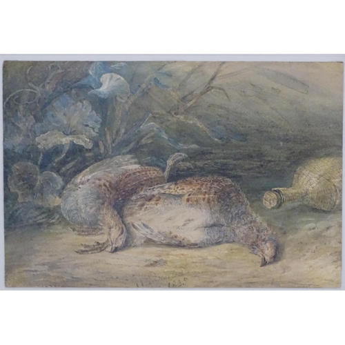 393 - Shooting: J L Dunbar 1835, Watercolour, A brace of English Partridge and a wicker covered bottle,  S... 