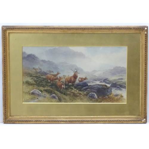 418 - Tom Rowden (1842-1926), Watercolour, Red deer herd and stag in the Highlands beside a burn, Signed a... 