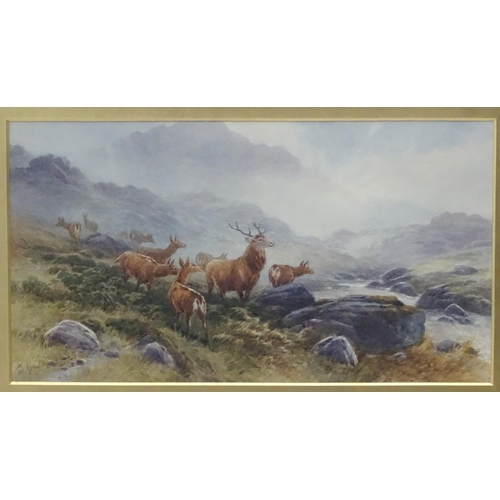 418 - Tom Rowden (1842-1926), Watercolour, Red deer herd and stag in the Highlands beside a burn, Signed a... 