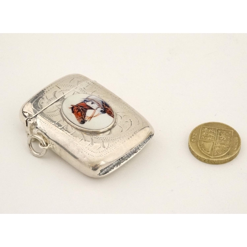 424 - A silver plate vesta case with later applied 21stC ceramic cabochon with horse head decoration. The ... 