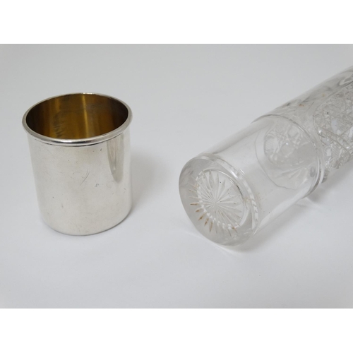 429 - A cut glass ladies hip flask of cylindrical form with silver top, mounts and beaker to lower. Hallma... 