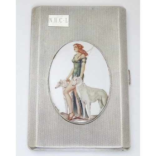 435 - A silver cigarette case hallmarked Birmingham 1947 having later applied ceramic cabochon depicting w... 