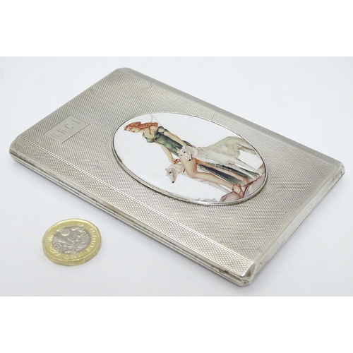 435 - A silver cigarette case hallmarked Birmingham 1947 having later applied ceramic cabochon depicting w... 