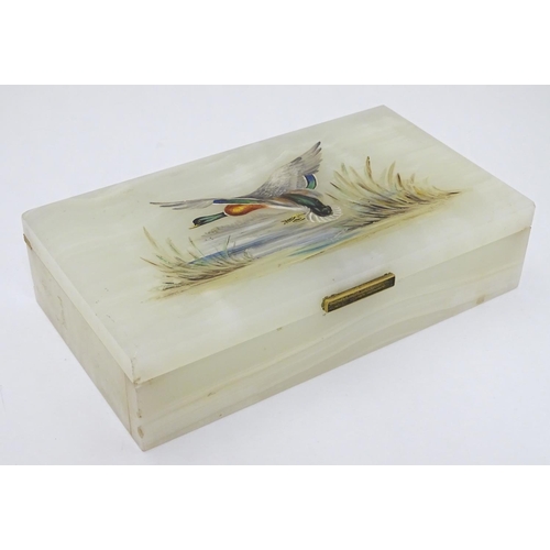 436 - A 20thC alabaster table top box with hand painted image to top of a mallard duck  with gilt metal hi... 