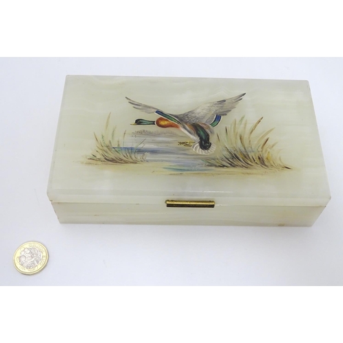 436 - A 20thC alabaster table top box with hand painted image to top of a mallard duck  with gilt metal hi... 