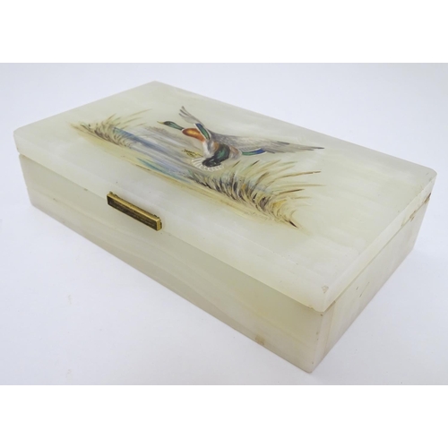 436 - A 20thC alabaster table top box with hand painted image to top of a mallard duck  with gilt metal hi... 