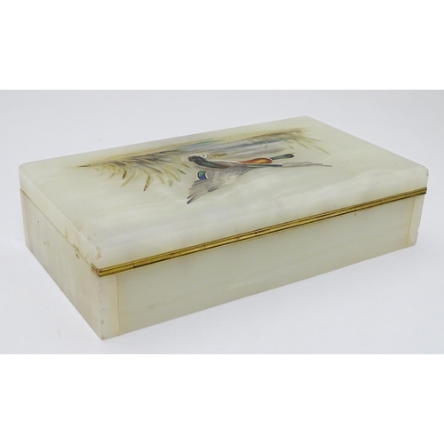 436 - A 20thC alabaster table top box with hand painted image to top of a mallard duck  with gilt metal hi... 