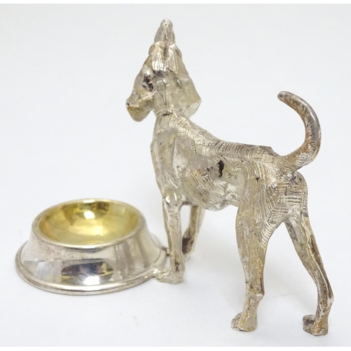 441 - A novelty silver plate table salt formed as a dog stood before a bowl. 21stC.  3 1/4'' high