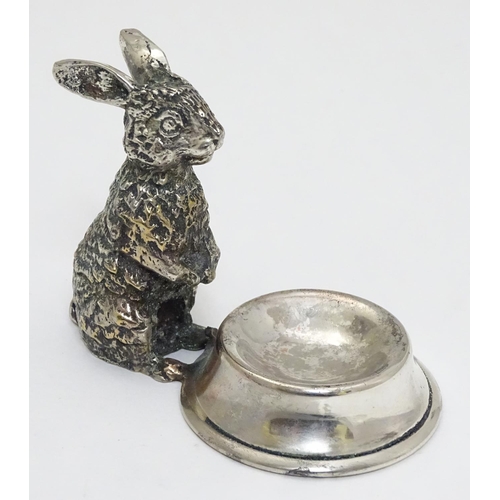 445 - A novelty silver plate table salt formed as a rabbit sat before a bowl. 21stC.  2 1/2'' high