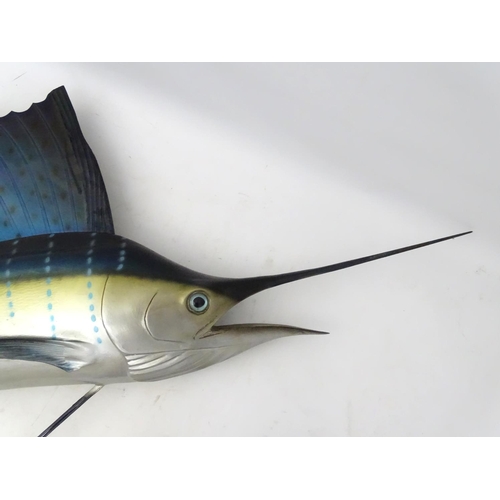 45 - Taxidermy: A large, imposing side mount of a Sailfish, together with plaque: 'Sailfish - caught by W... 