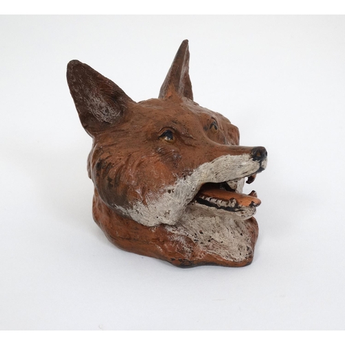 452 - A Novelty cold painted bronze inkwell formed as a fox head. 21stC. 3 1/2'' long