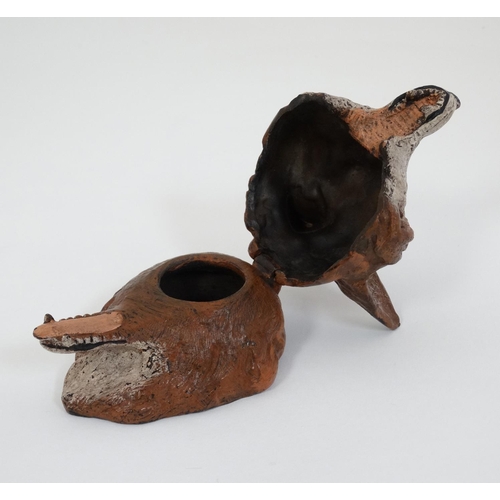 452 - A Novelty cold painted bronze inkwell formed as a fox head. 21stC. 3 1/2'' long