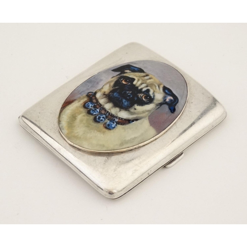 463 - A silver cigarette case having later applied 21stC enamel decorated cabochon depicting a pug dog. 3 ... 