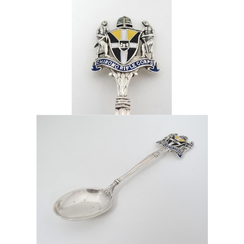 464 - Shooting / military interest : A silver teaspoon surmounted by enamel decoration titled ' Chiromo Ri... 