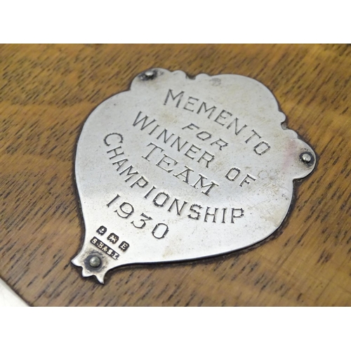 470 - Golfing Interest : A silver mounted oak presentation / trophy shield for Carnavonshire & District Go... 