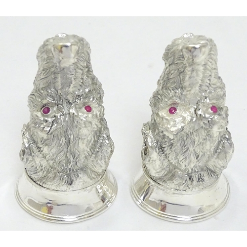 471 - A novelty white metal salt and pepper cruet formed as dog heads set with red stone eyes. marked .800... 