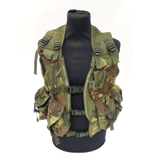 496 - A Cammo fishing  /hunting / photo waistcoat; multi pouches and pockets; mesh back and rucksack, Appr... 