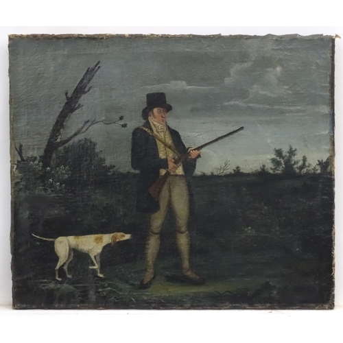 504 - 18th C Georgian shooting, Oil on canvas, A top hat & green 'justacorps' frock coat wearing musket ga... 