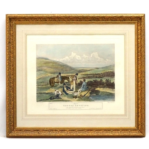 522 - Shooting: Hunt after Turner,  Hand coloured engraving,  'August grouse shooting, the rocky table spr... 