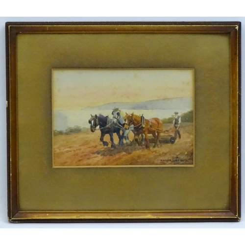 69 - Mabel Amber Kingwell (XIX-XX), Watercolour, 3 heavy horses working in a field, next to the Devon sea... 