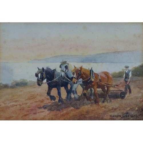 69 - Mabel Amber Kingwell (XIX-XX), Watercolour, 3 heavy horses working in a field, next to the Devon sea... 