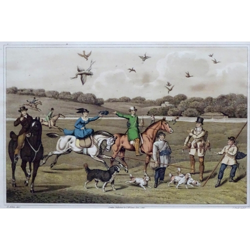 70 - After H Alken, Hand coloured lithograph 1820, 'Hawking' figures, including lady riding side saddle, ... 