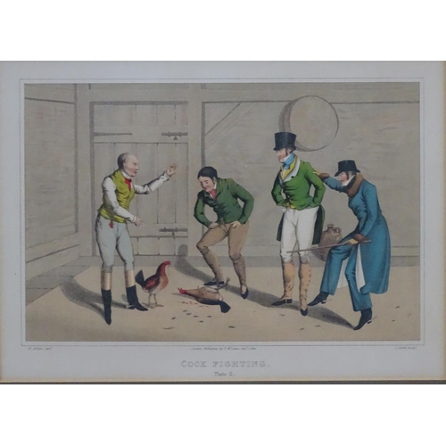 74 - Cock fighting: I Clark after H Alken,  Hand coloured lithograph 1820, 'Cock Fighting ' Titled etc. u... 