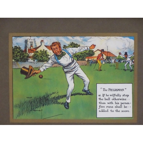 79 - Cricket: After Chas Crombie for Perrier, 5 x chromolithographs, Laws of cricket, '2. The choice of i... 