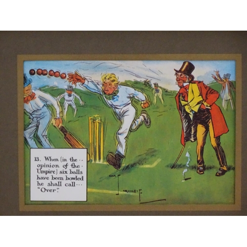 79 - Cricket: After Chas Crombie for Perrier, 5 x chromolithographs, Laws of cricket, '2. The choice of i... 