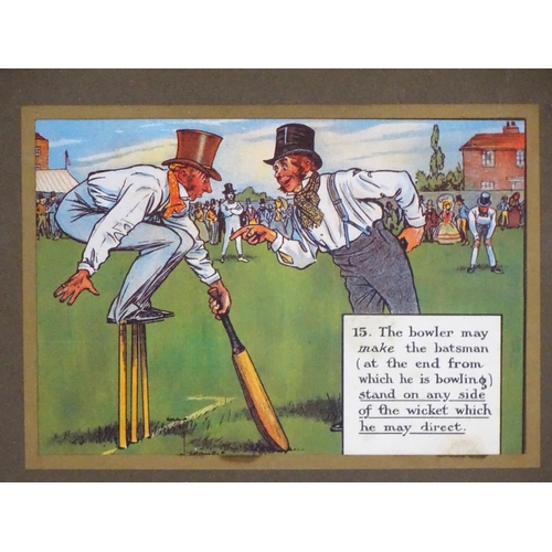 79 - Cricket: After Chas Crombie for Perrier, 5 x chromolithographs, Laws of cricket, '2. The choice of i... 