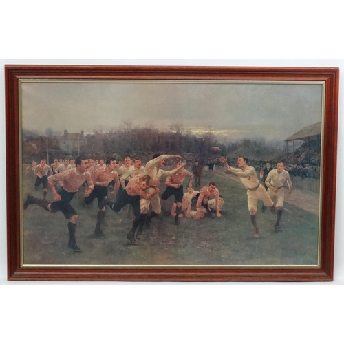 80 - Rugby :   After William Barnes Wollen 1893, Coloured print, ' The Roses Match ' Yorkshire v Lancashi... 