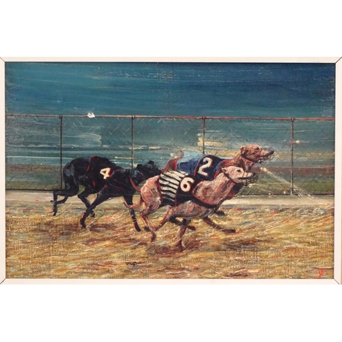 84 - Grey hound Racing: JP c1960, Oil on canvas, Dogs 2,6 and 4 running towards the line on a dog track, ... 