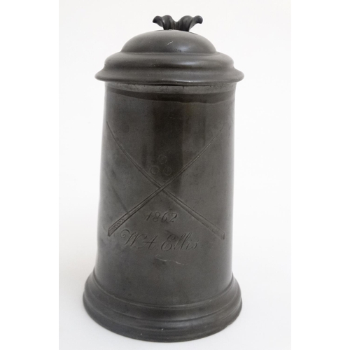 91 - Billiards / Snooker: an 1862 pewter 'Tappit hen' tankard with glass base by James Dixon & Sons , hav... 