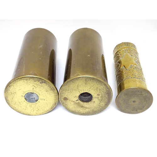 Militaria : A collection of three German WWI artillery shell casings,  comprising two 10cm Kanone 17