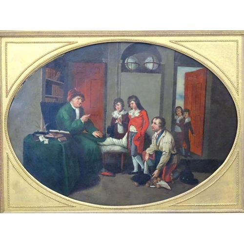 111 - Manner of William Hogarth XVIII ?, Oil on tin, an oval An interior of a study, with a gentleman with... 