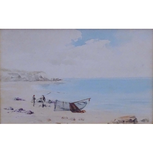 113 - XIX English School, Watercolour, Figures having having beached a fishing boat on the shore, In a gil... 