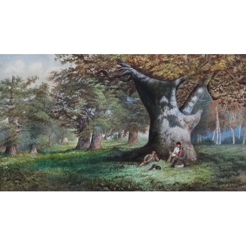 121 - JSG XIX English School, Pastel, Picnic amongst the oak trees, Initialled lower right. 15 1/2'' x 25 ... 