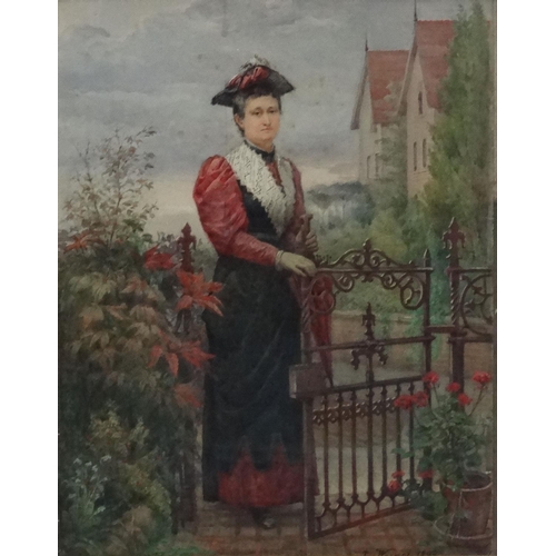 126 - Reinhold Werner (1842-1922) , Watercolour, Lady with umbrella at a front gate, Signed a dated '1894'... 