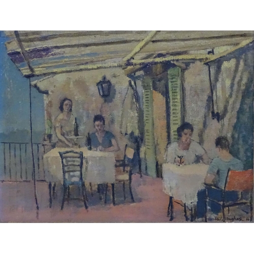 131 - H.J. Hughes  British (XX), Oil on board, Figures seated at tables beneath a covered terrace, Signed ... 