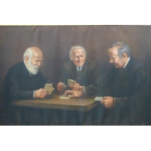 136 - Peter A Bill (XX), Oil on canvas, 'London 75'  Three gentleman seated around a table playing cards, ... 