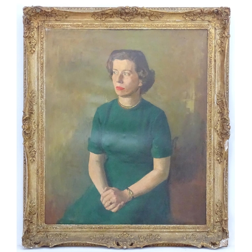 15 - Early XX Portrait Oil on canvas Portrait of a lady wearing a green dress Bears pencil name ' Muddima... 