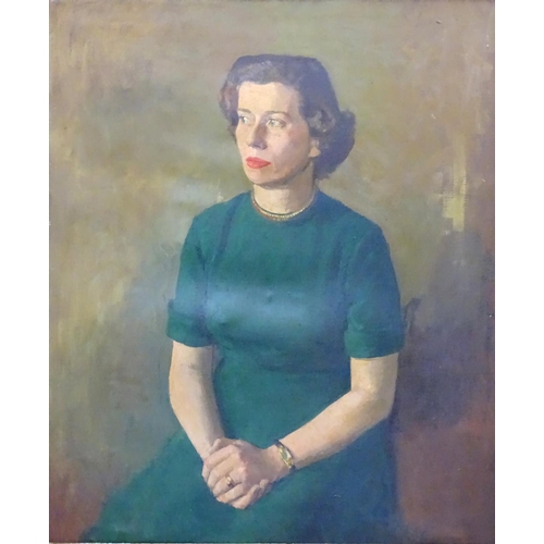 15 - Early XX Portrait Oil on canvas Portrait of a lady wearing a green dress Bears pencil name ' Muddima... 