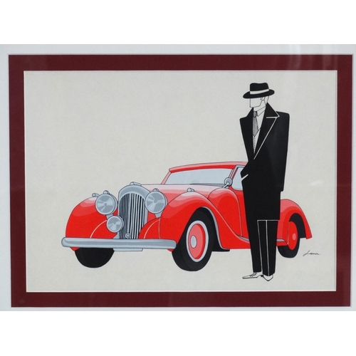 150 - Lena Sevostyanova (1986) Russian, Pen ink and Gouache on card, Gentleman besides an old sports car, ... 