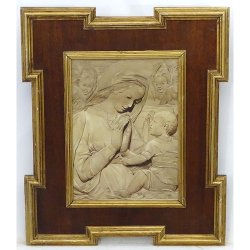 160 - A sepia watercolour of the Madonna and Child , flanked by angels , late XX in a Kent frame ( mahogan... 